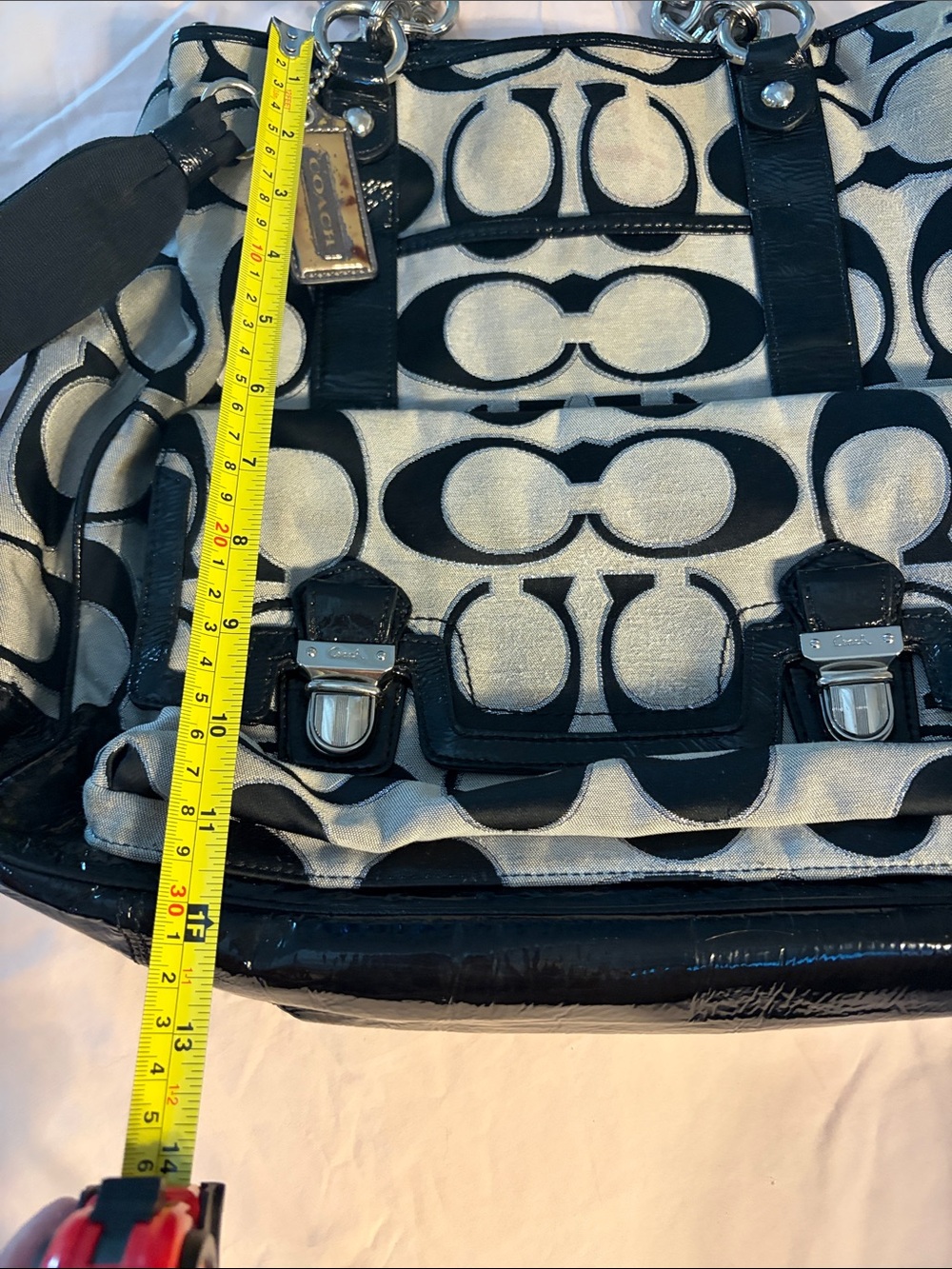 Coach Black and Ivory Signature Canvas Tote with Silver Hardware - Picture 2 of 13